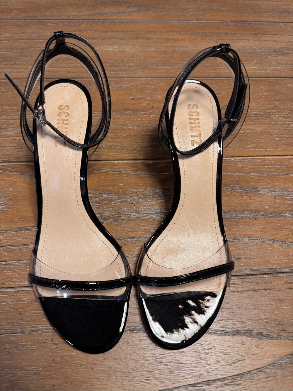 SCHUTZ Black Patent Ankle-Strap Heels with Clear Toe Panel - Picture 2 of 8
